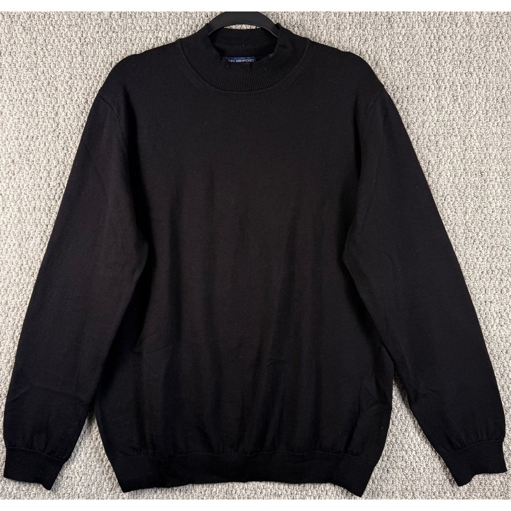 John Ashford Italian Merino Wool Sweater Large Black Vintage 80s 90s Mock